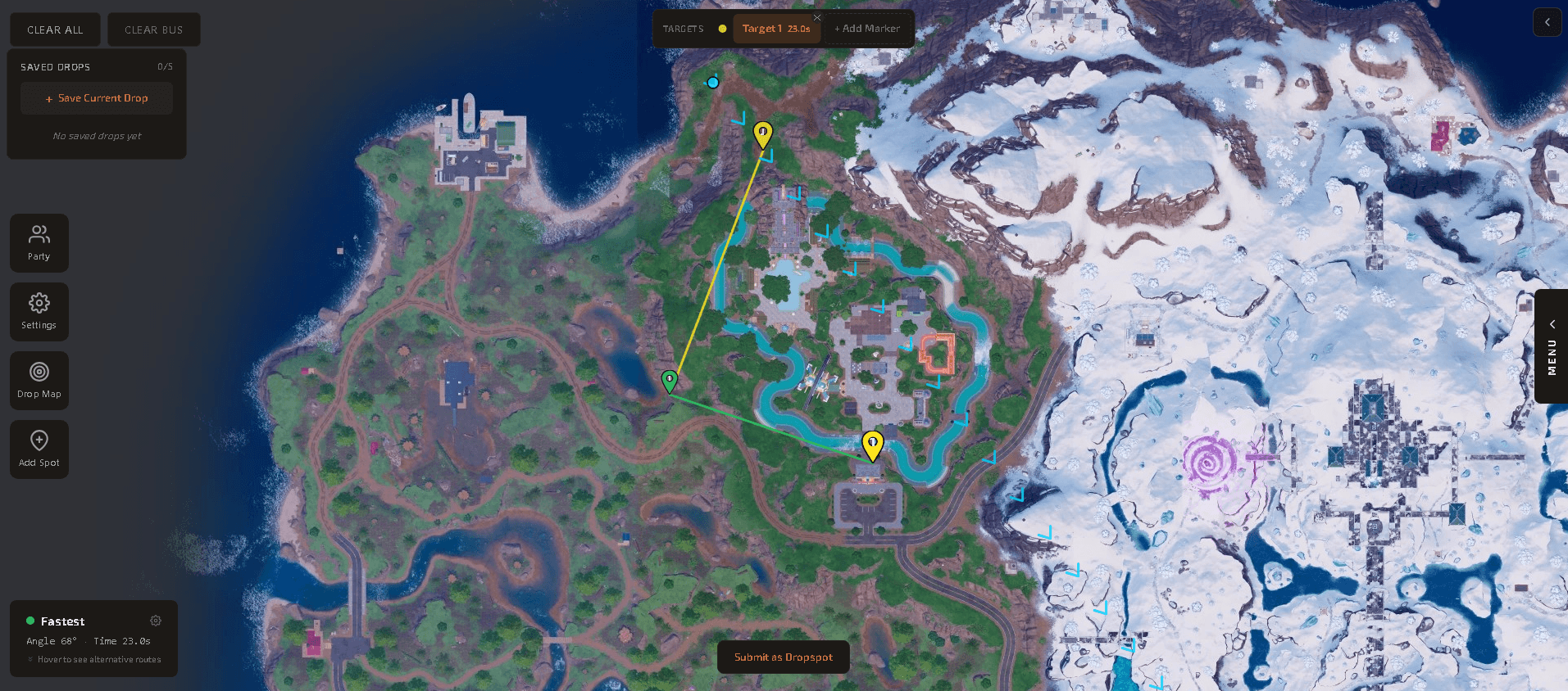 dropmapsfn calculator showing live bus path and drop coordinates